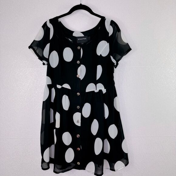 MINKPINK Polka Dot Button Front Mini Dress S - Picture 1 of 4